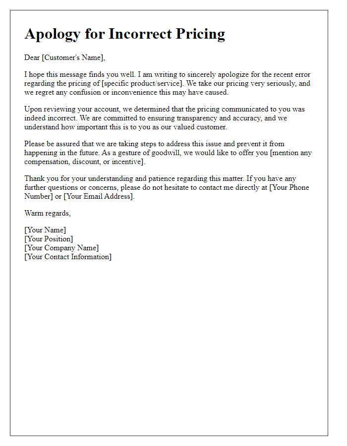 Letter template of respectful apology for incorrect pricing