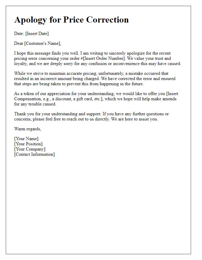 Letter template of sincere price correction apology