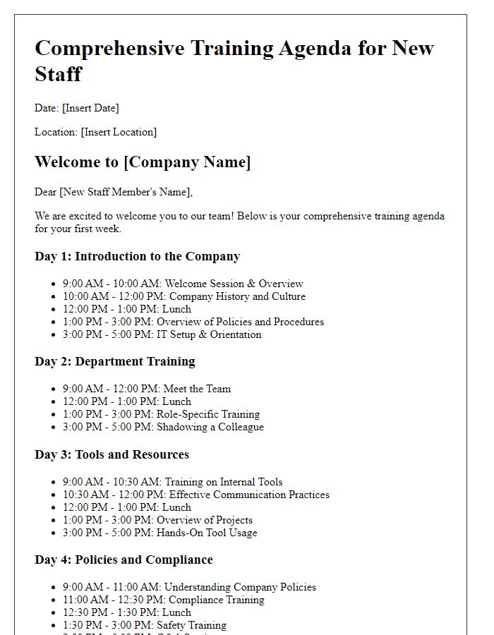 Letter template of comprehensive training agenda for new staff