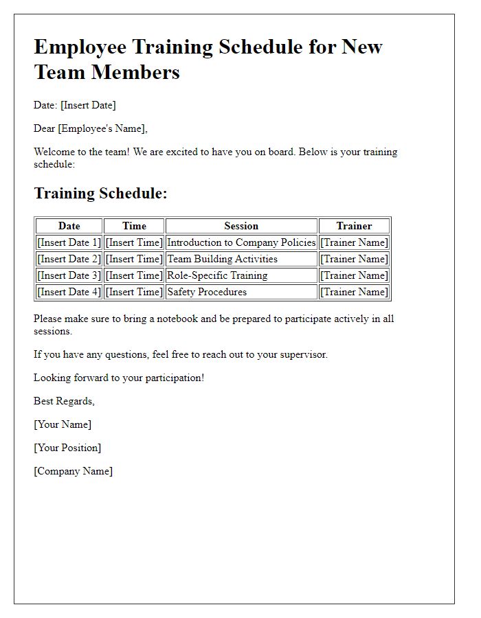 Letter template of employee training schedule for new team members