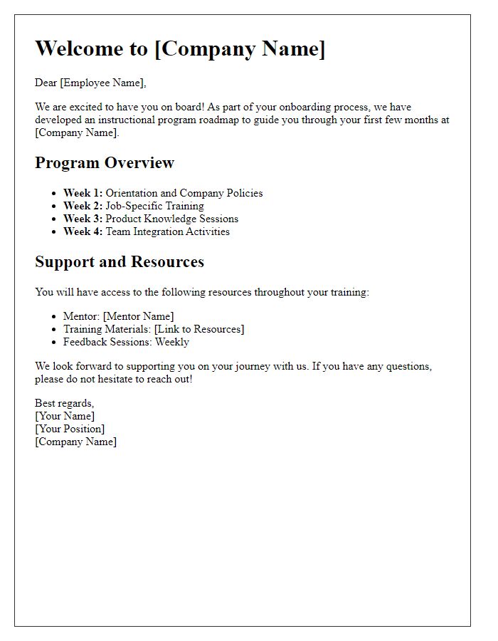 Letter template of instructional program roadmap for new employees