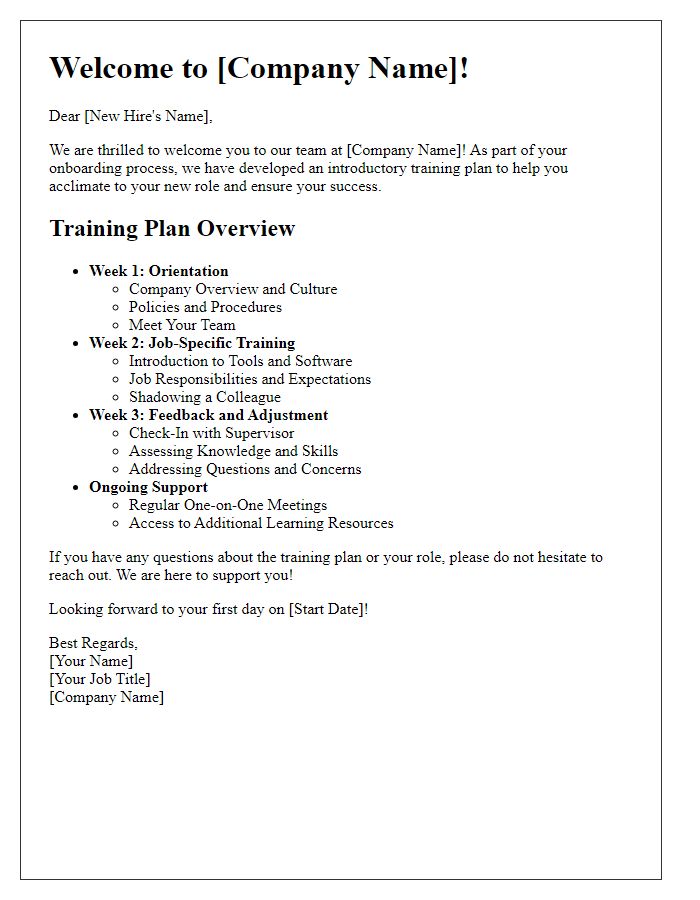 Letter template of introductory training plan for new hires