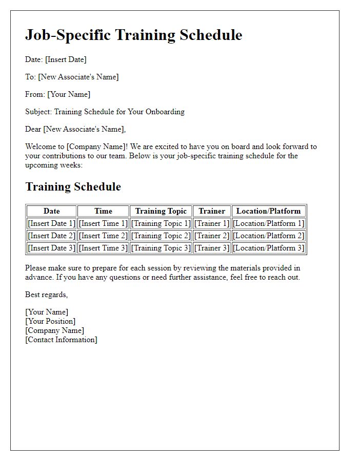 Letter template of job-specific training schedule for new associates