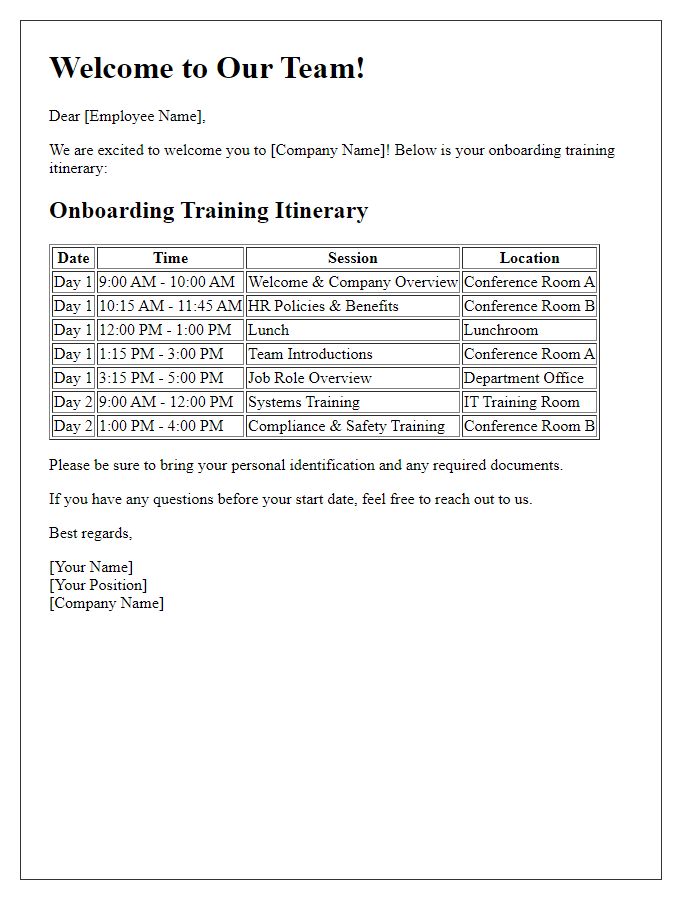 Letter template of onboarding training itinerary for new employees