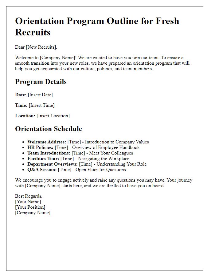 Letter template of orientation program outline for fresh recruits