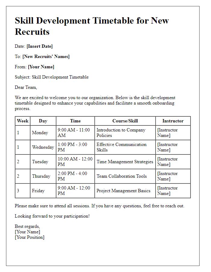 Letter template of skill development timetable for new recruits