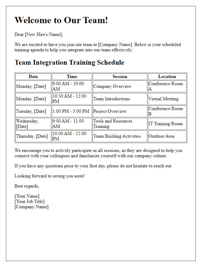 Letter template of team integration training schedule for new hires