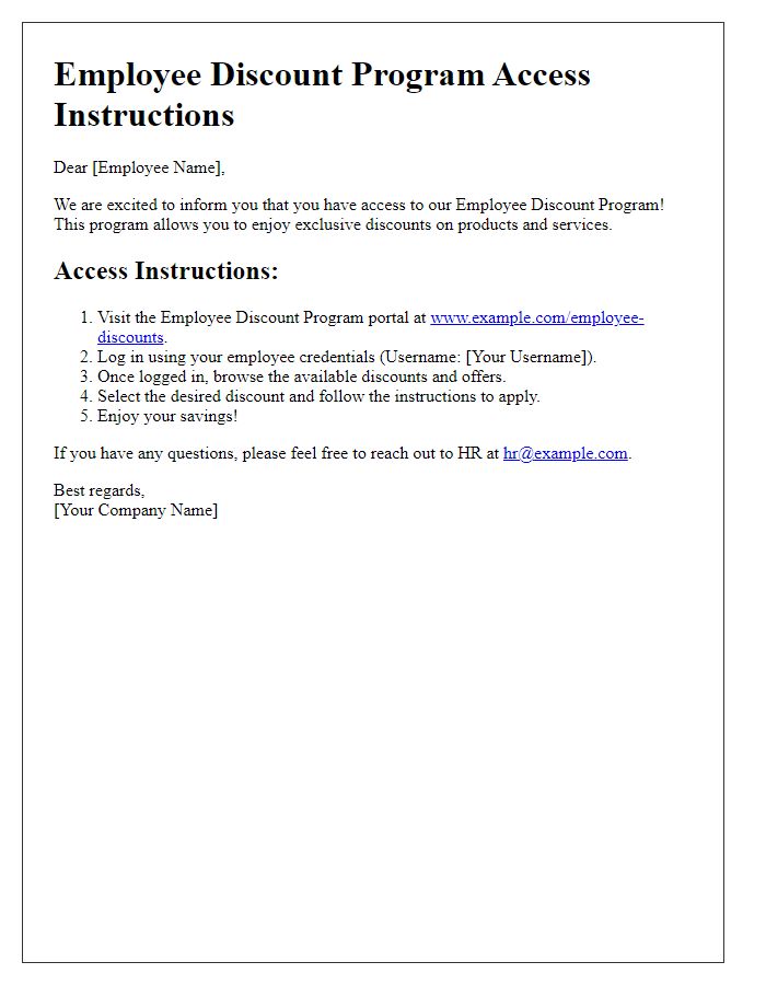 Letter template of employee discount program access instructions