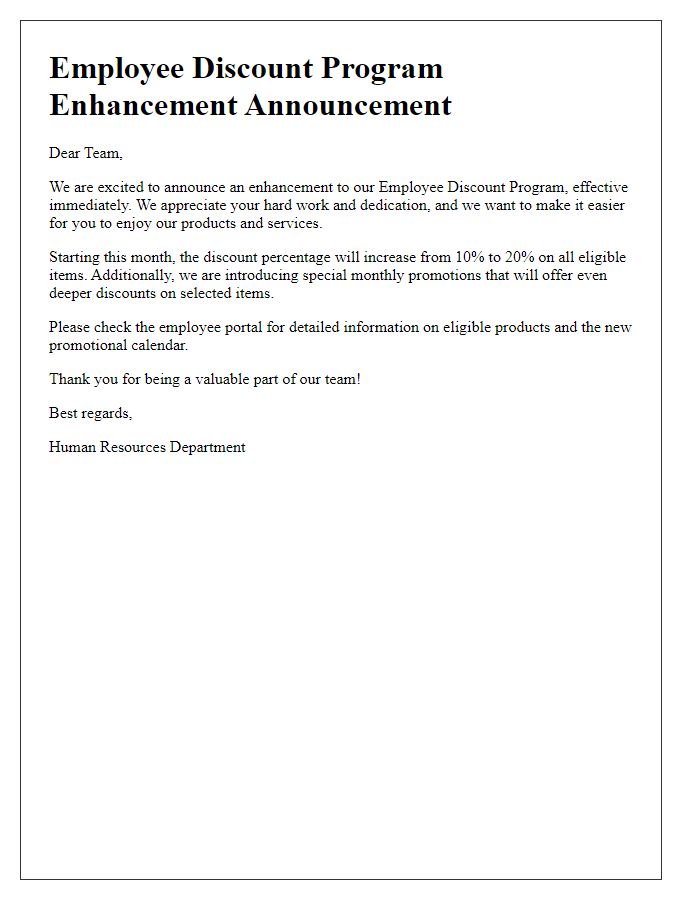 Letter template of employee discount program enhancement announcement