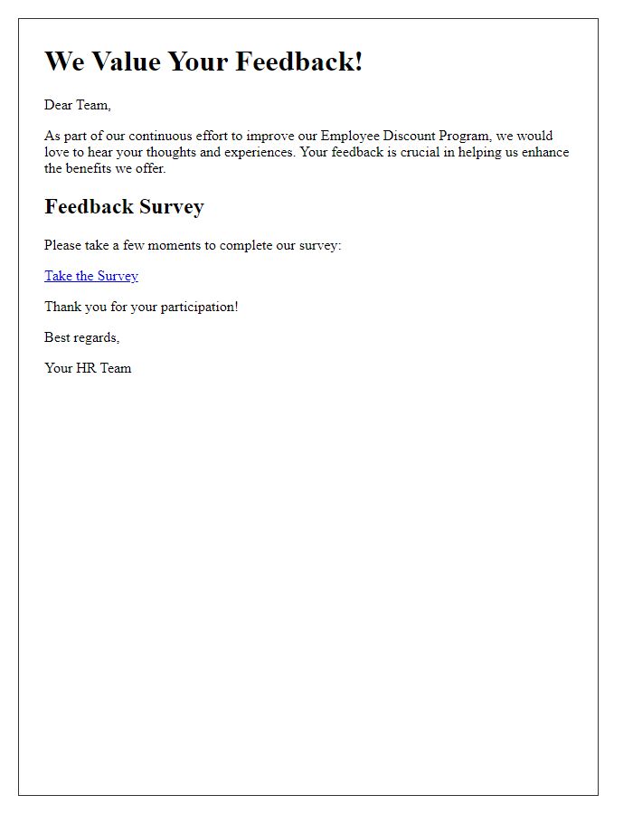 Letter template of employee discount program feedback solicitation