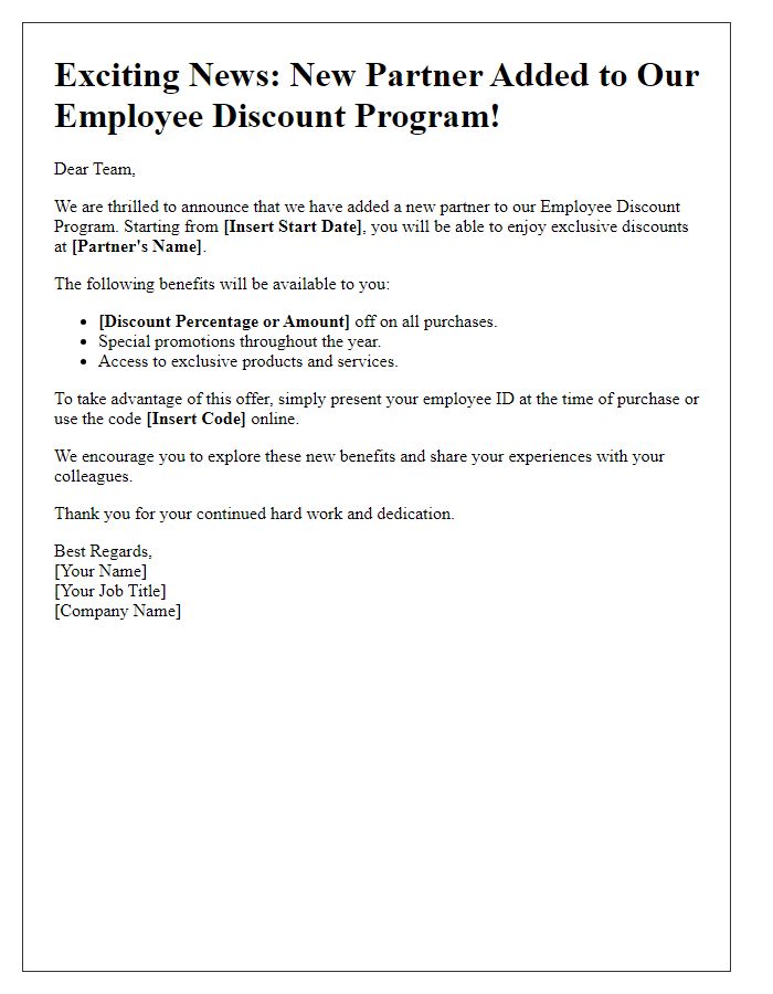 Letter template of employee discount program new partner inclusion