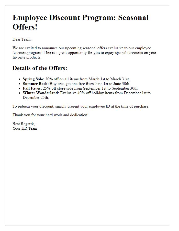 Letter template of employee discount program seasonal offers