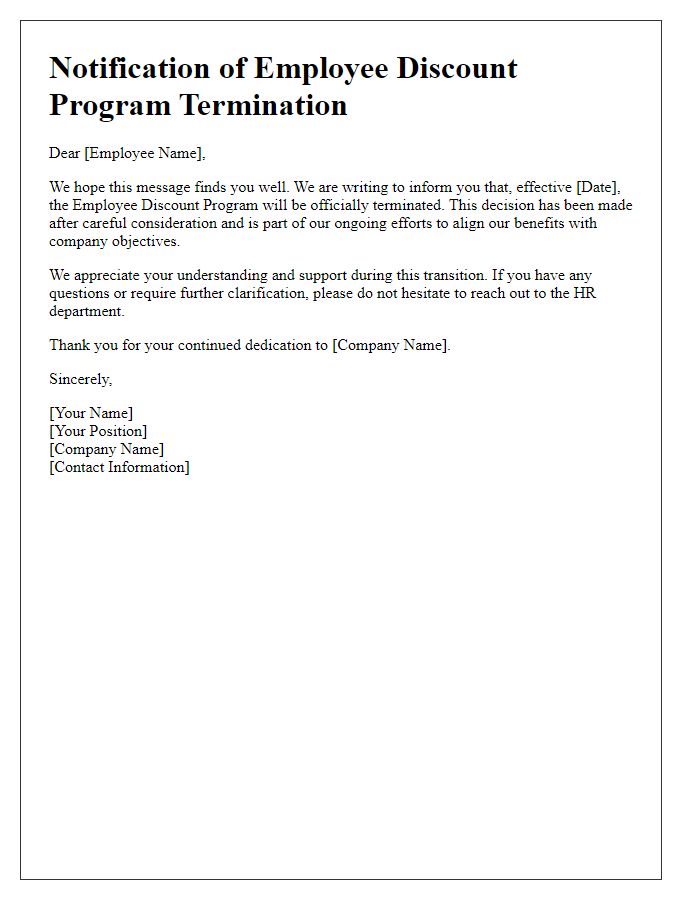 Letter template of employee discount program termination notification