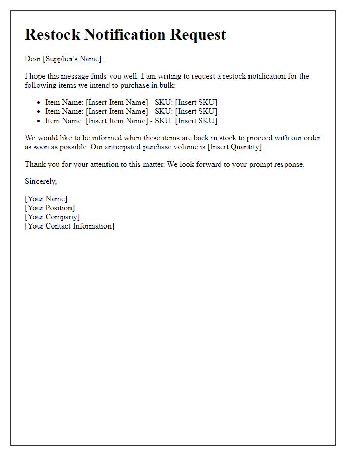 Letter template of restock notification request for bulk purchasing.