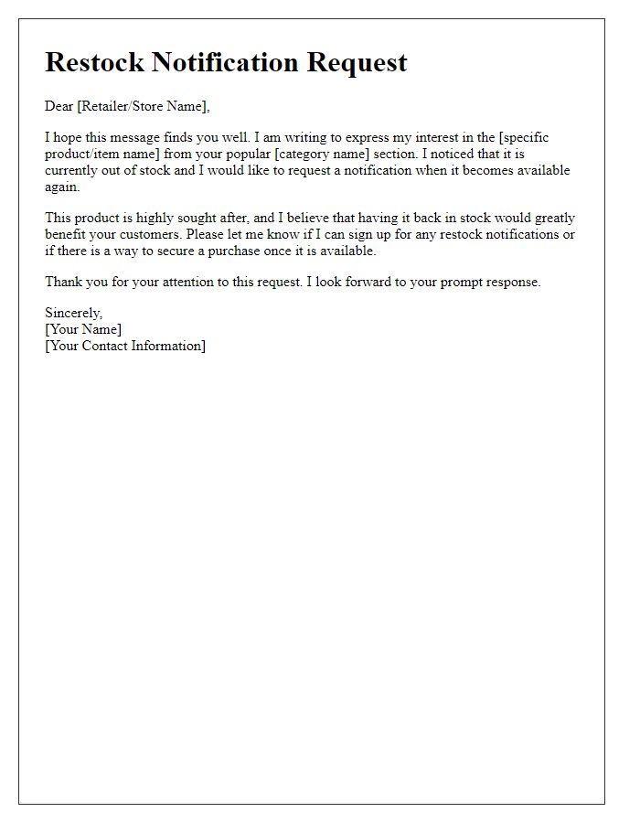 Letter template of restock notification request for a popular category.