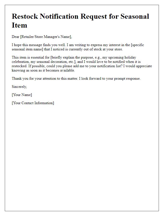 Letter template of restock notification request for a seasonal item.