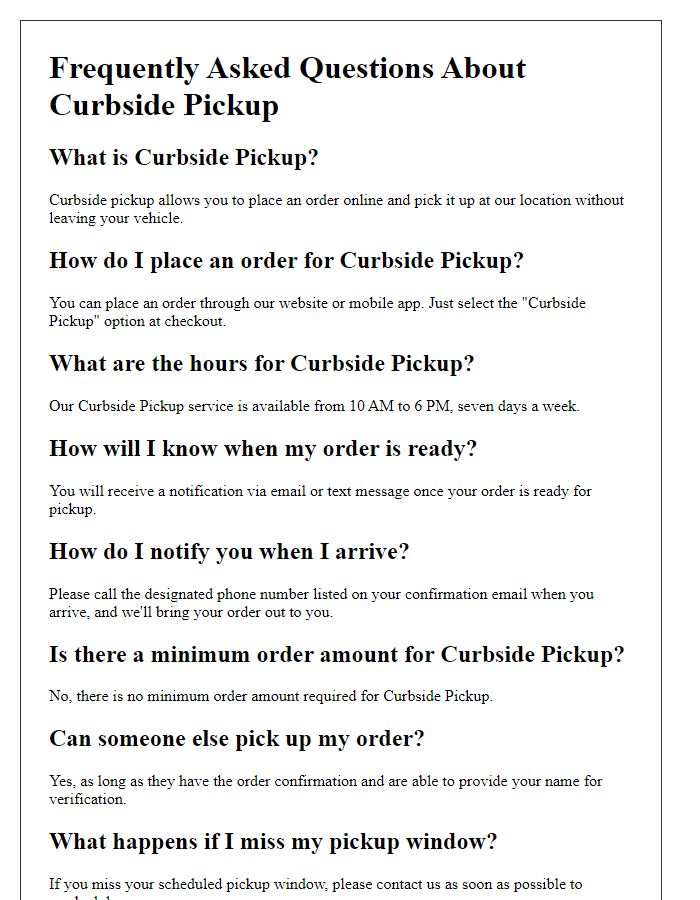 Letter template of curbside pickup FAQs for prospective customers