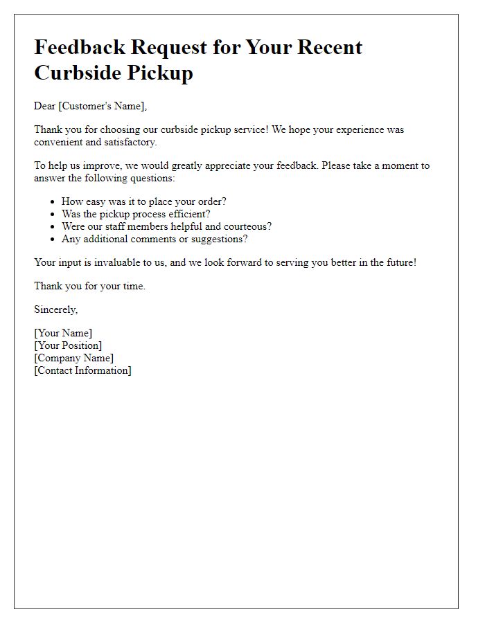 Letter template of curbside pickup feedback request