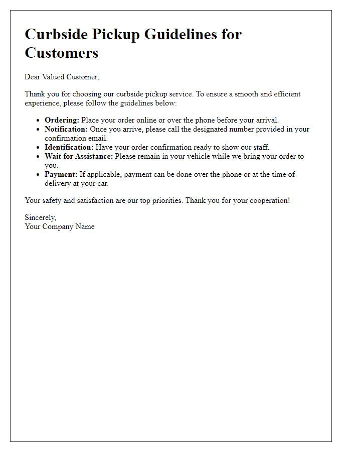 Letter template of curbside pickup guidelines for customers