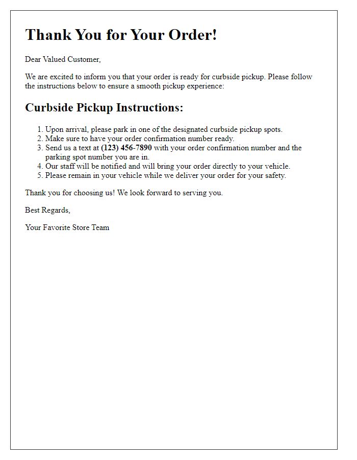 Letter template of curbside pickup instructions for mobile ordering