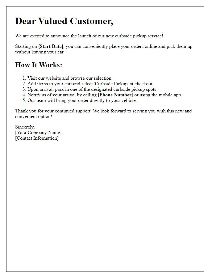 Letter template of curbside pickup notification for new service