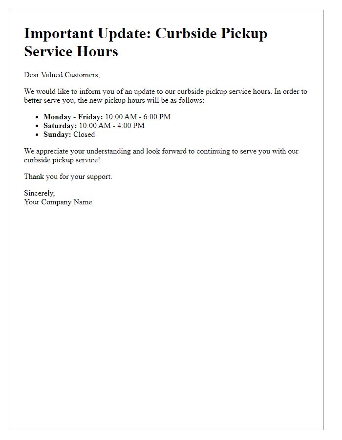 Letter template of curbside pickup service hours update