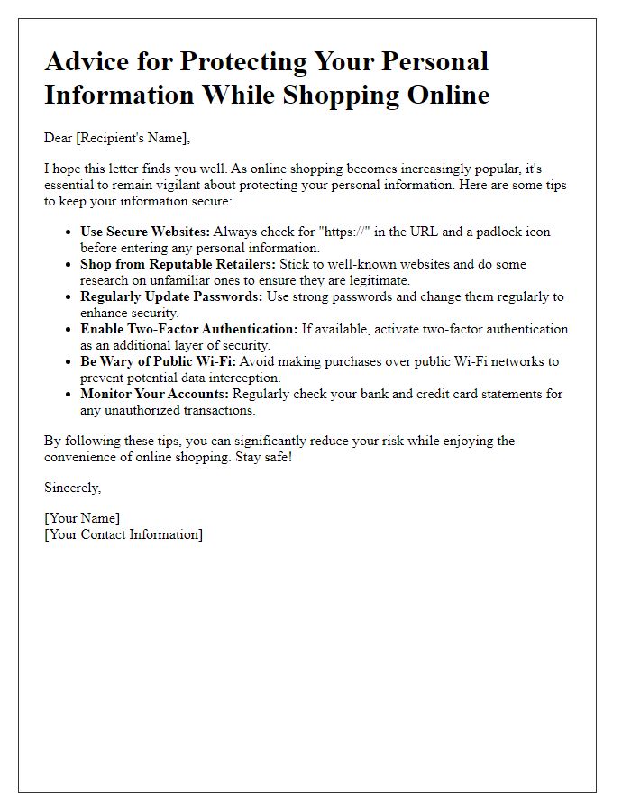 Letter template of advice for protecting personal information while shopping online.