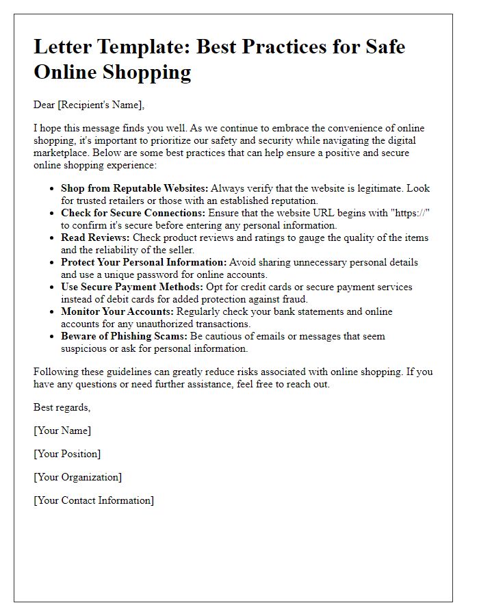 Letter template of best practices for safe online shopping experiences.