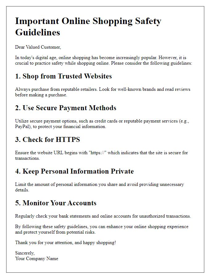 Letter template of crucial online shopping safety guidelines.