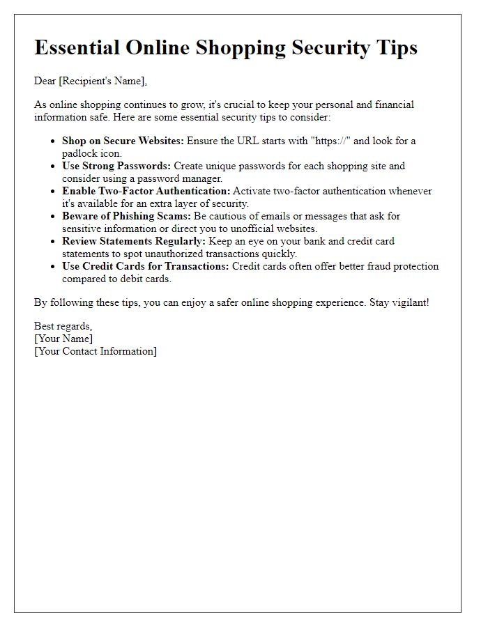 Letter template of essential online shopping security tips.