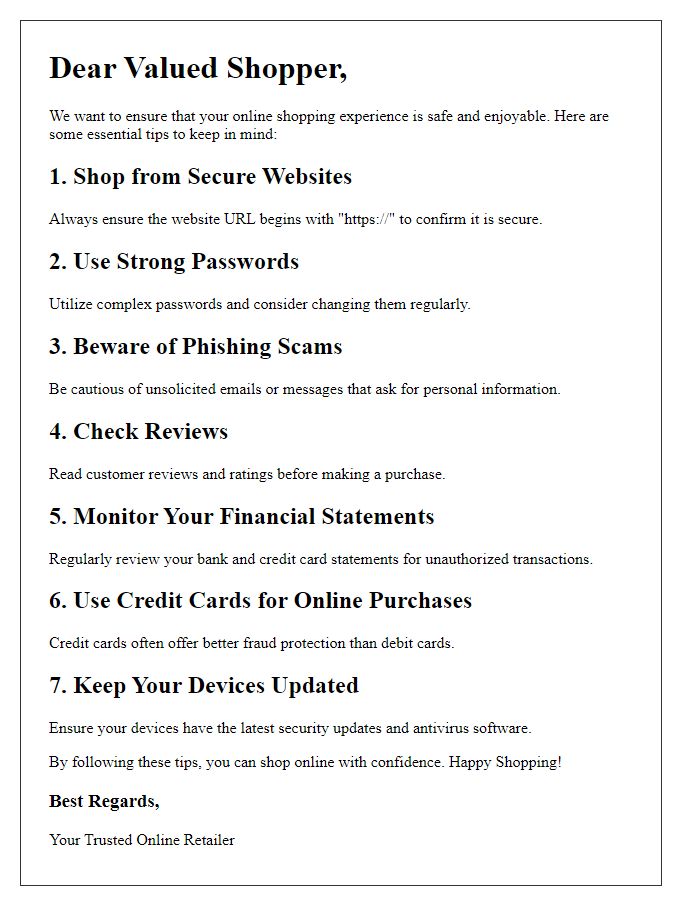 Letter template of online purchase safety tips for shoppers.