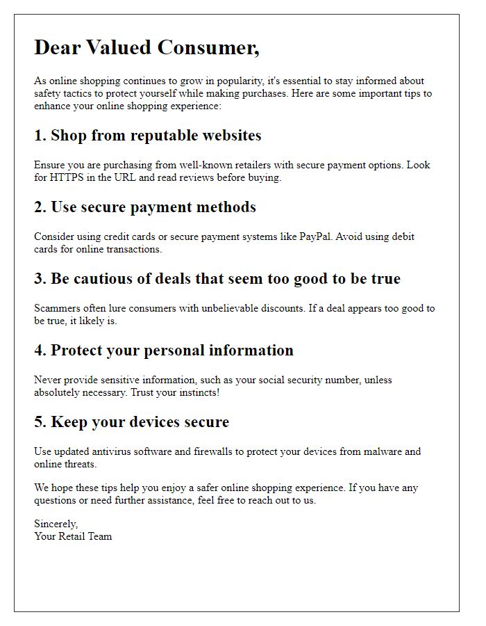 Letter template of online shopping safety tactics for consumers.