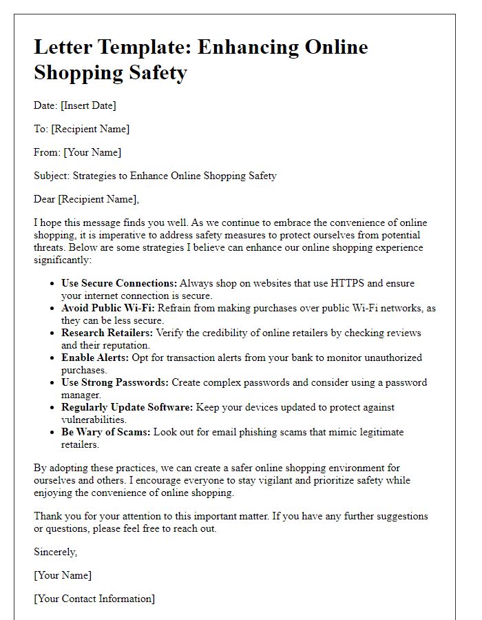 Letter template of strategies to enhance online shopping safety.