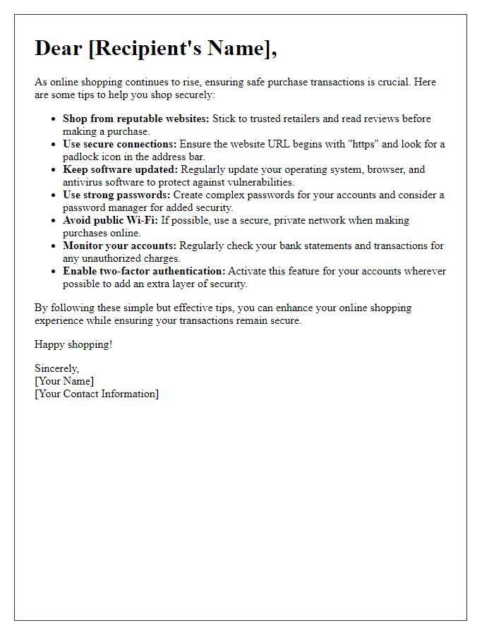 Letter template of tips for secure online purchase transactions.