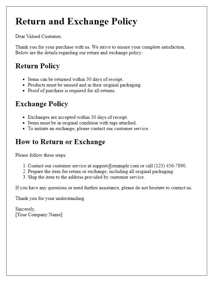 Letter template of return and exchange policy details