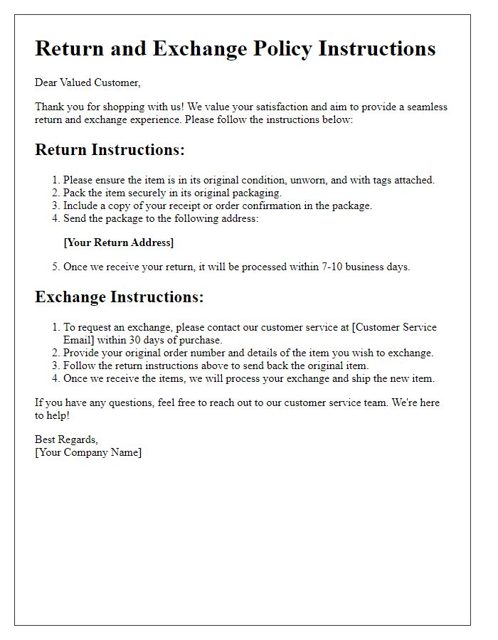 Letter template of return and exchange policy instructions