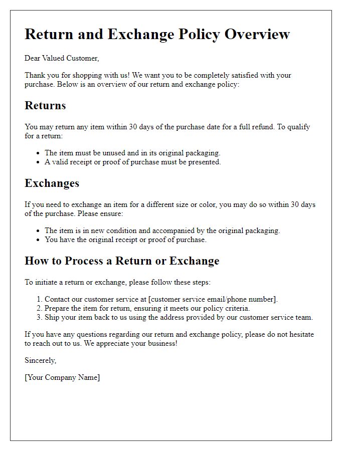 Letter template of return and exchange policy overview