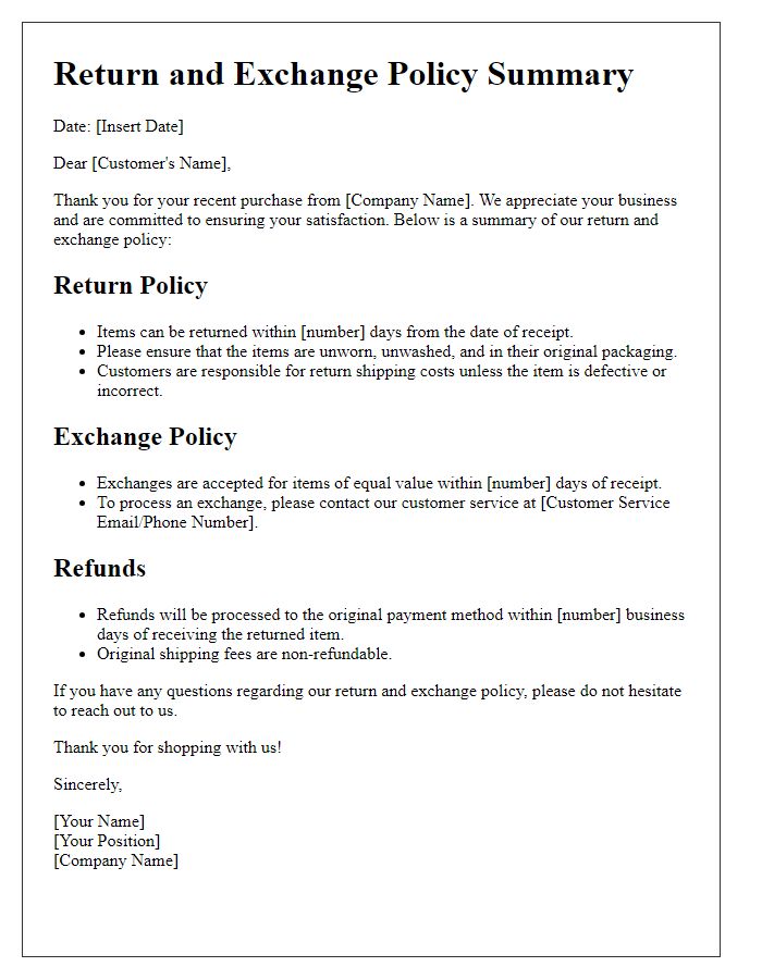 Letter template of return and exchange policy summary