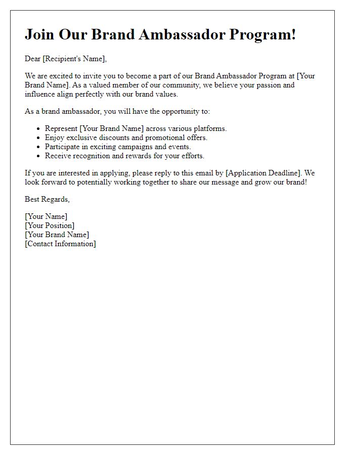 Letter template of brand ambassador program application invitation