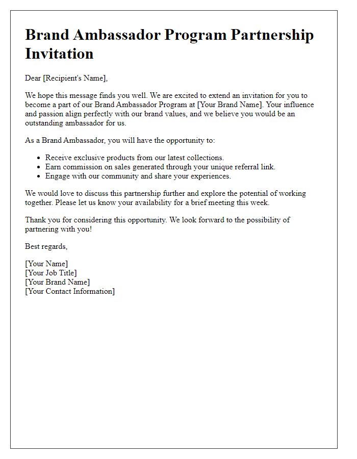 Letter template of brand ambassador program partnership invitation