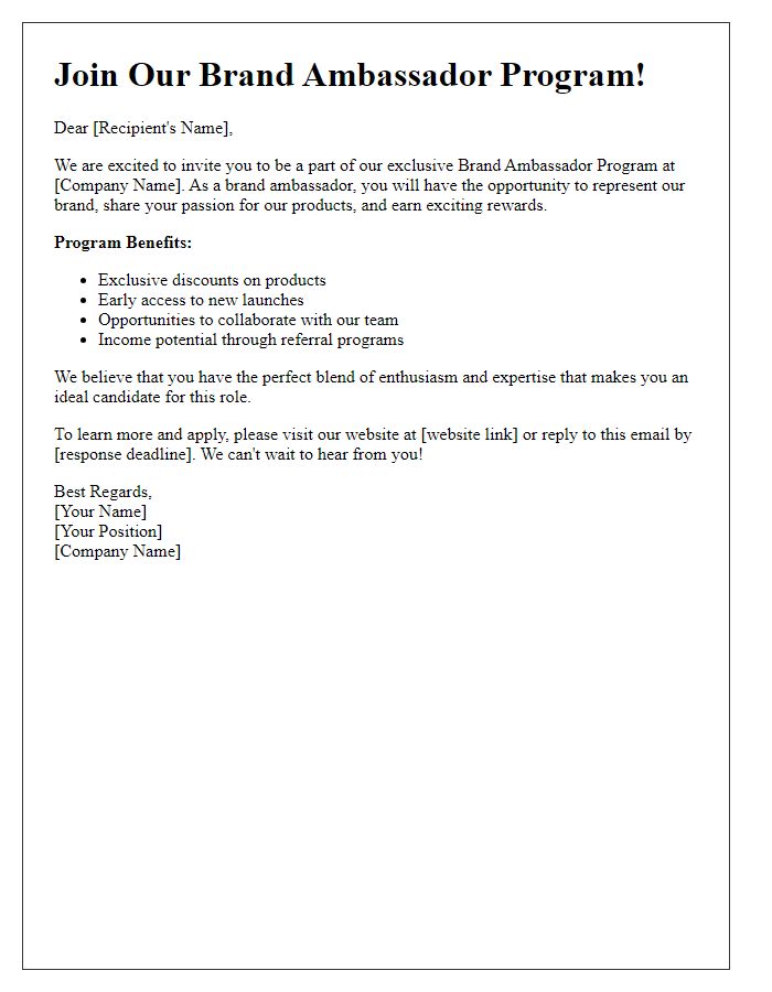 Letter template of brand ambassador program recruitment invitation