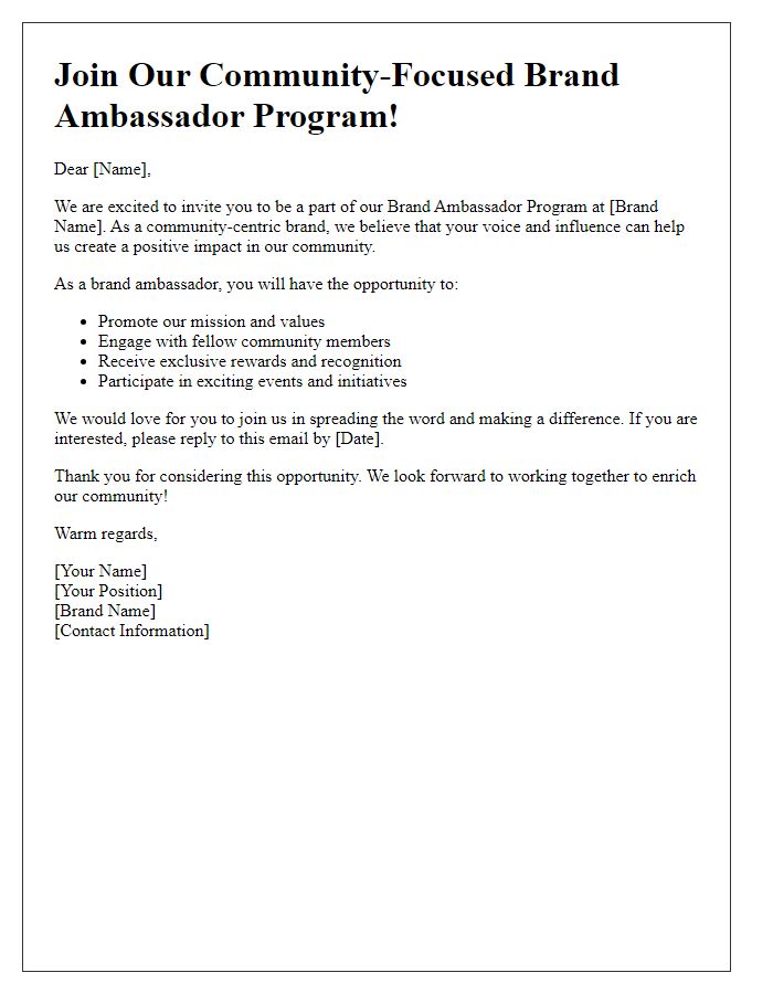 Letter template of community-focused brand ambassador program invitation