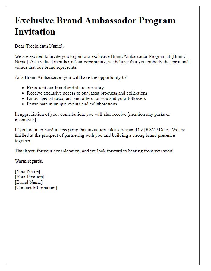 Letter template of exclusive brand ambassador program invitation