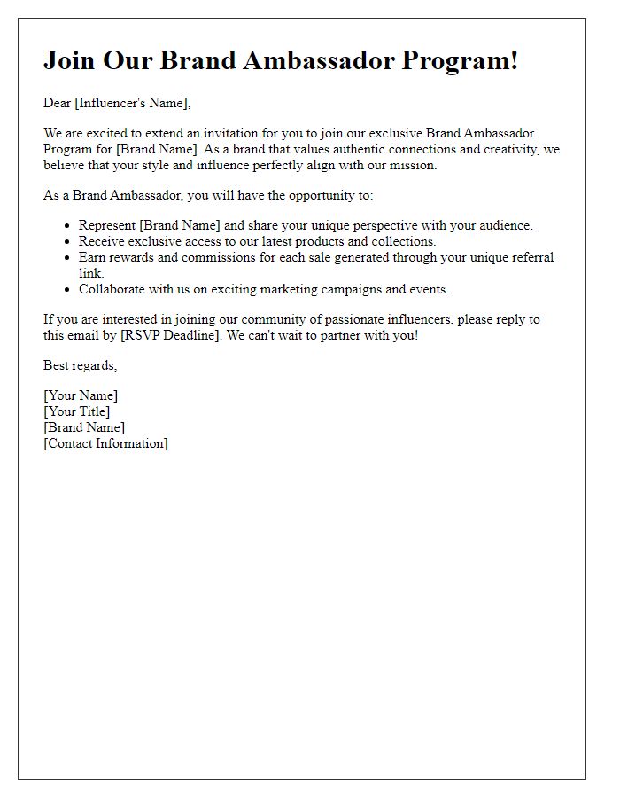 Letter template of influencer brand ambassador program invitation