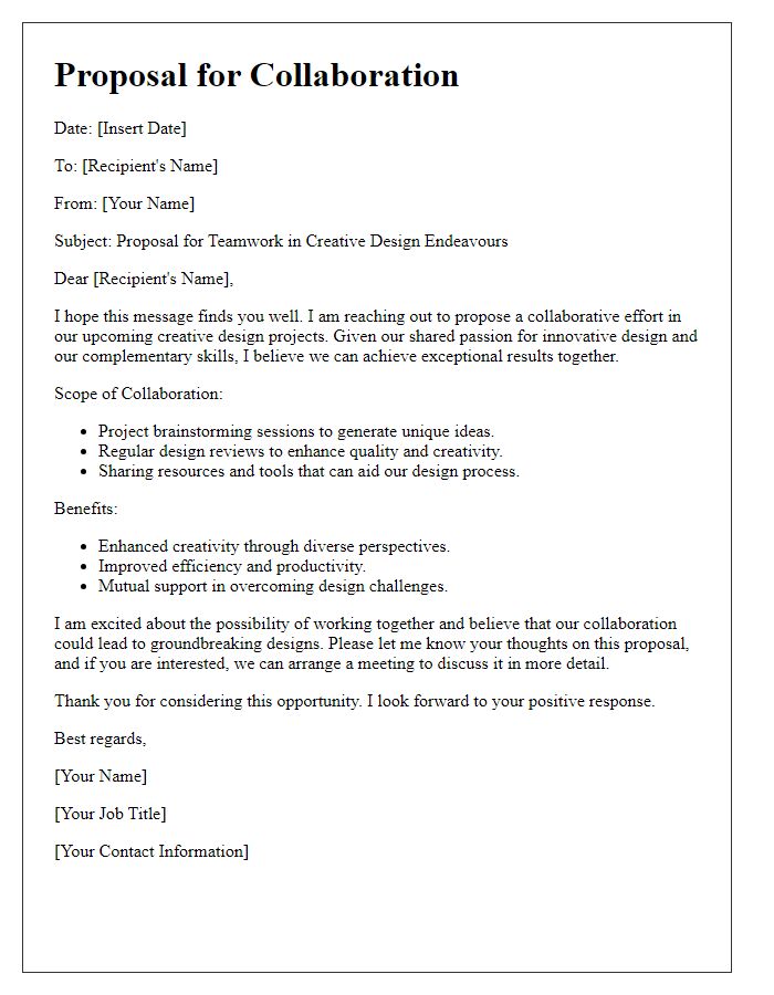 Letter template of proposal for teamwork in creative design endeavours