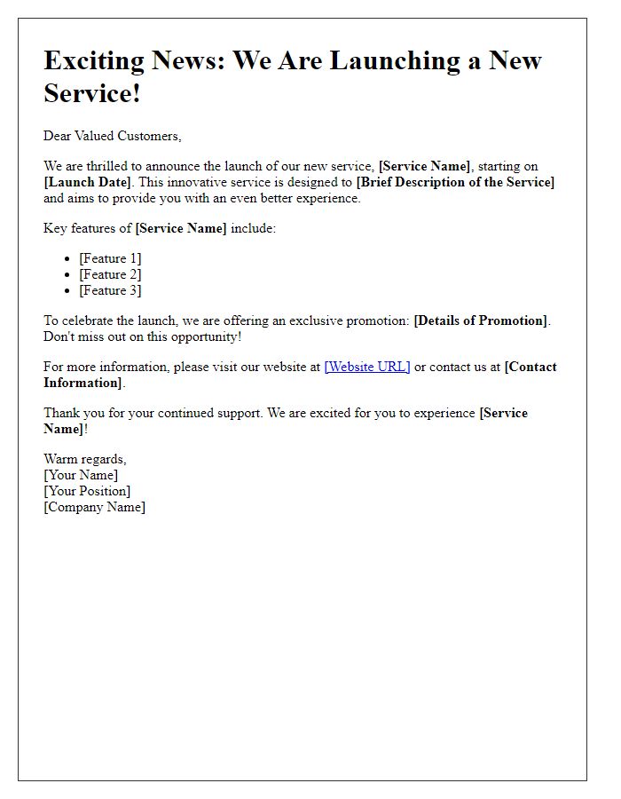 Letter template of New Service Launch Announcement