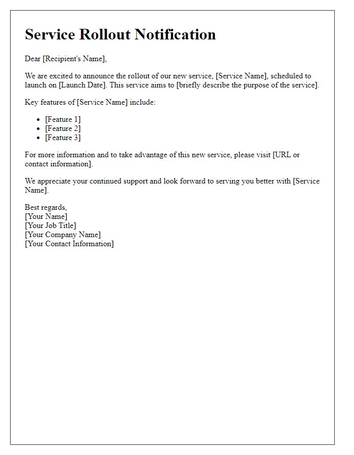 Letter template of Service Rollout Notification