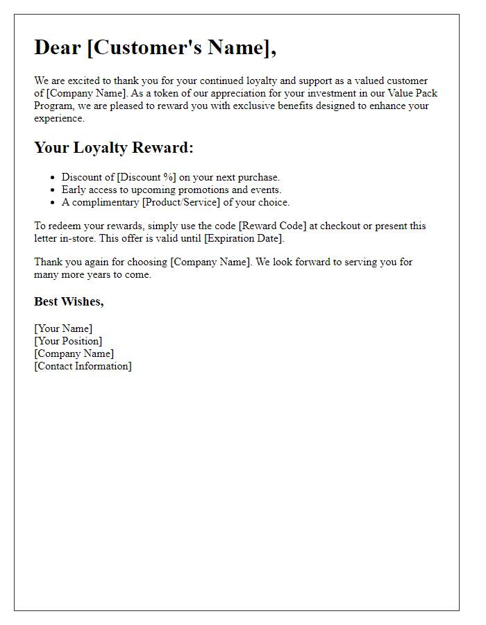 Letter template of loyalty reward for value pack investment