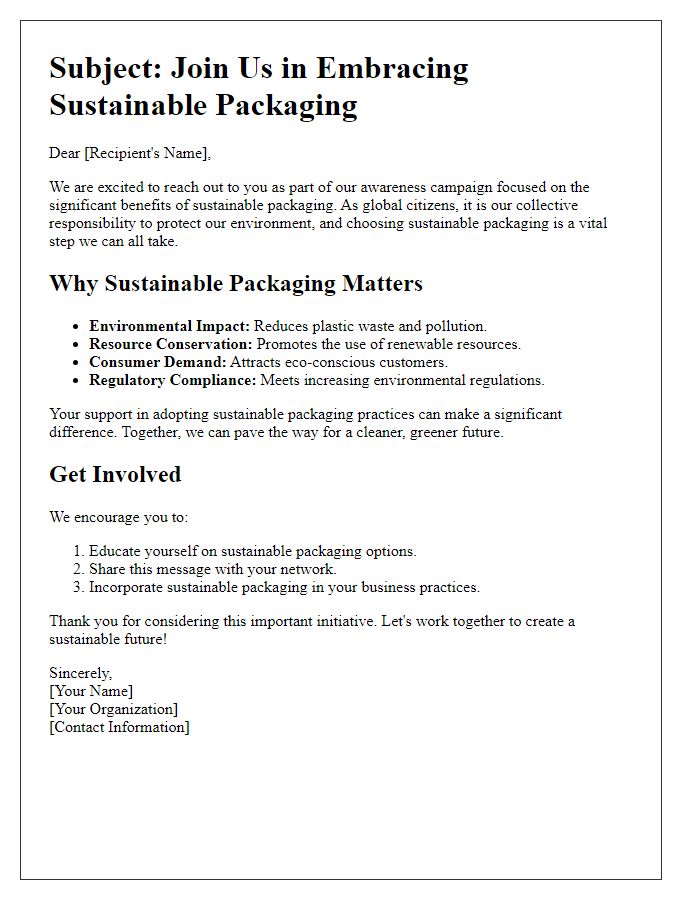 Letter template of awareness campaign for sustainable packaging benefits.