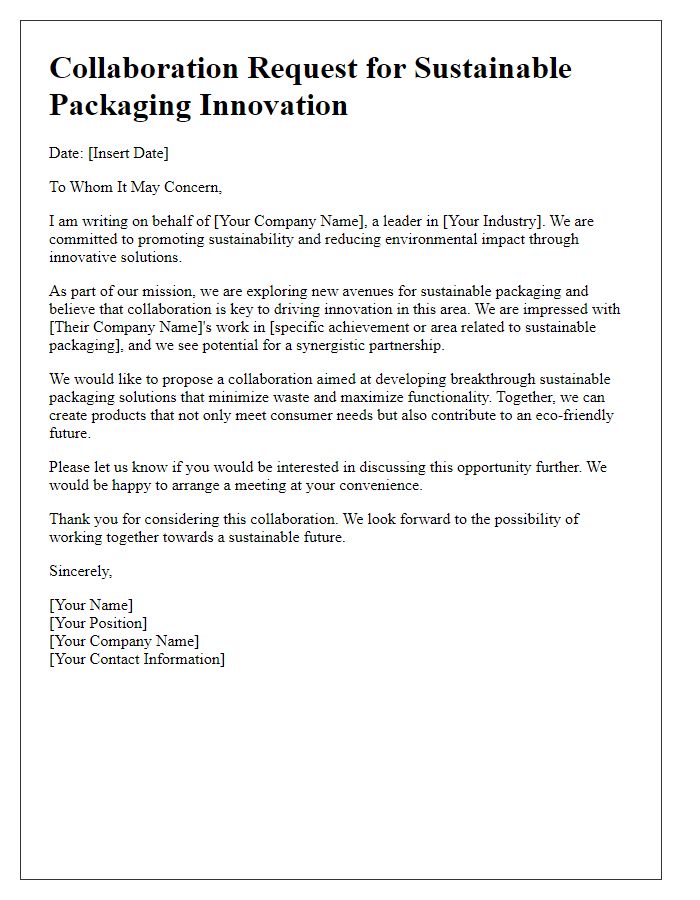 Letter template of collaboration request for sustainable packaging innovation.